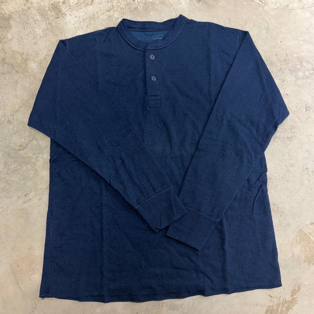 LL Bean Mens Long‎ Sleeve Henley Shirt Navy Blue XL Regular Cotton Blend